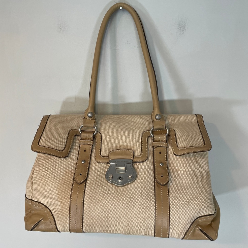 Etienne Aigner Jute Canvas and Leather Satchel Shoulder Bag Tan Beige Doctor Bag